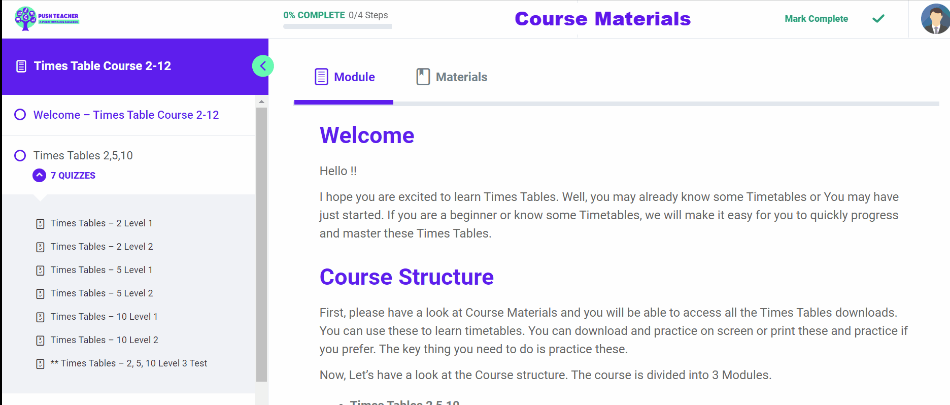 Times Table 2-12 Course Materials